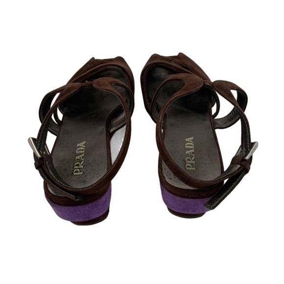 Prada Calzature Donna Ankle Strap Suede Leather Peep Toe Wedge Heel, Brown sz 38 - Picture 6 of 9